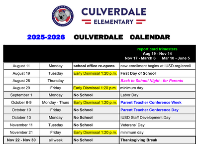 Culverdale Calendar