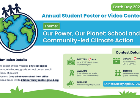Poster for the Earth Day 2026 Annual Student Poster or Video Contest with the theme 'Our Power, Our Planet: School and Community-led Climate Action'.